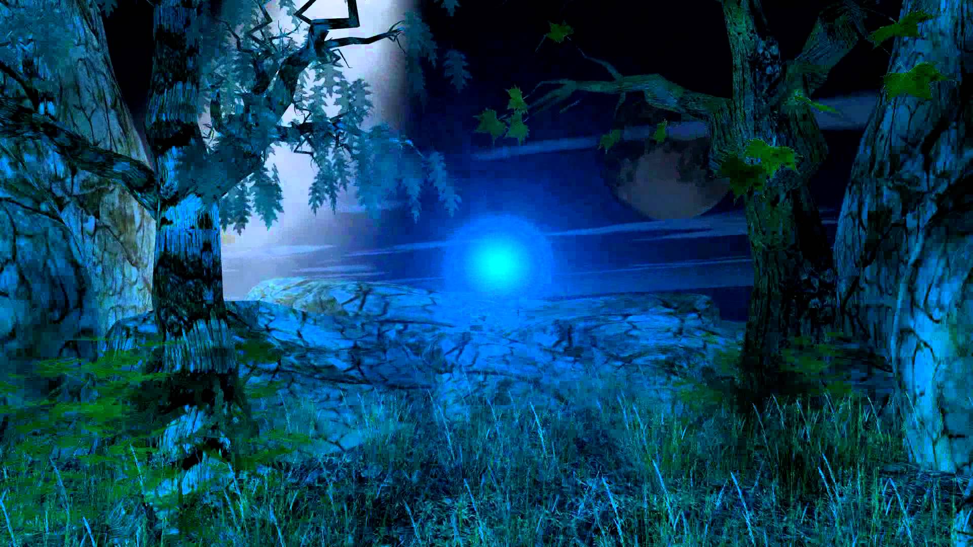 Two trees and moon above blue lake