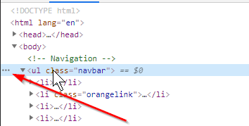 Selected HTML element has 3 dots in front of it.
