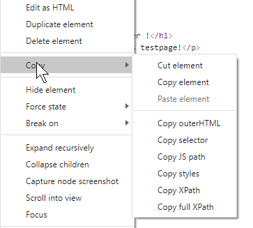 Popup menu in elements pane, <b>Copy</b> entry.