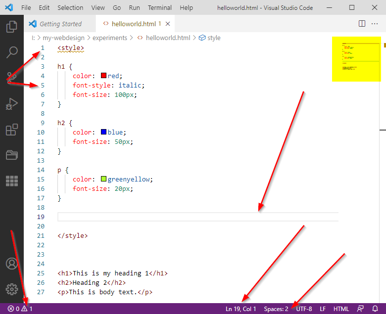 Visual Studio Code, editing helloworld.html.