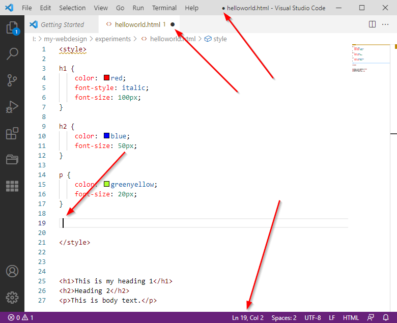 Visual Studio Code, editing helloworld.html.