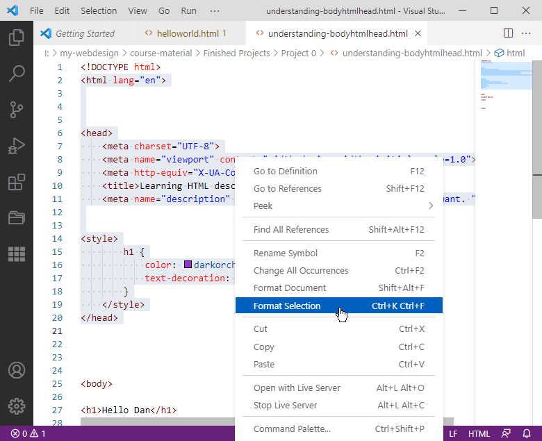 Visual Studio Code, formatting code selections.