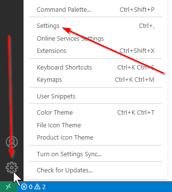 Visual Studio Code, settings icon.