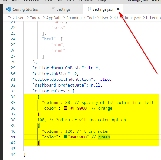 VSCode: rulers definition pasted in the settings.json file.