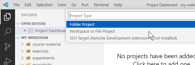 VSCode: Plugin: Project Dashboard  Choose Project type.