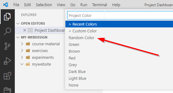 VSCode: Plugin: Project Dashboard  choose topbar color.