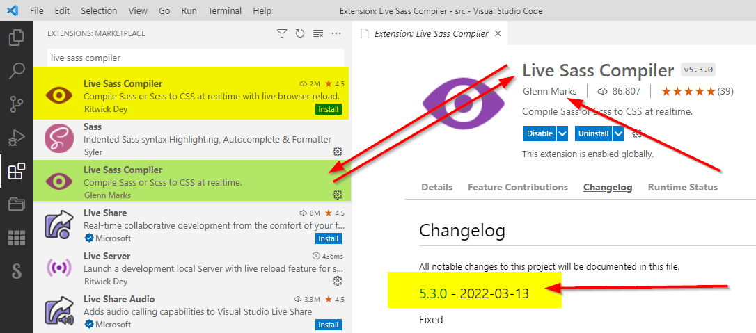 Visual Studio Code, Live Sass Compiler by Glenn Marks.