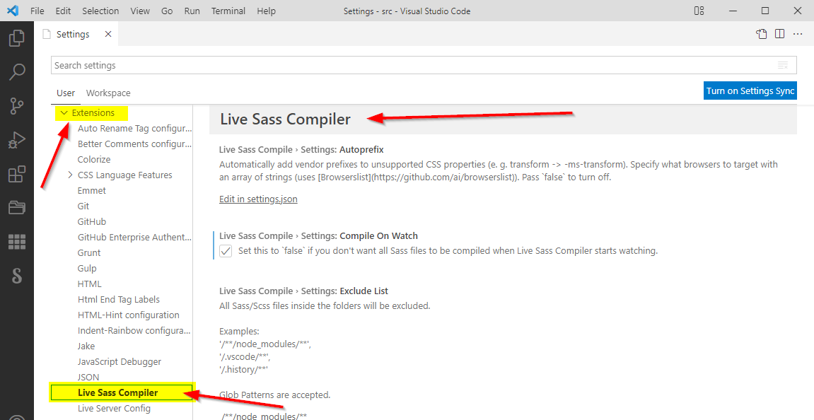 Visual Studio Code, Live Sass Compiler settings.