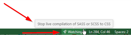 Visual Studio Code, Live Sass Compiler shows it is watching.