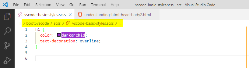 Visual Studio Code, Basic scss file in VSCode.