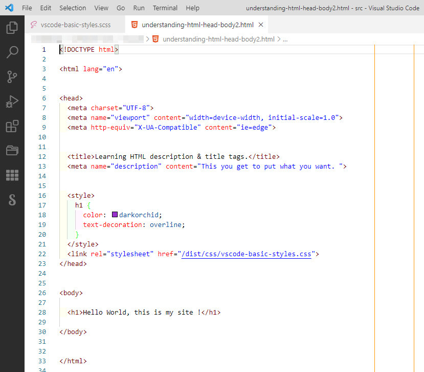 Visual Studio Code, Basic html file in VSCode.