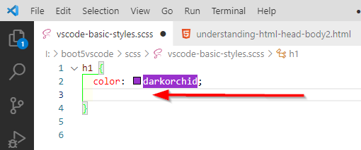Visual Studio Code, Basic html file, change scss-file.